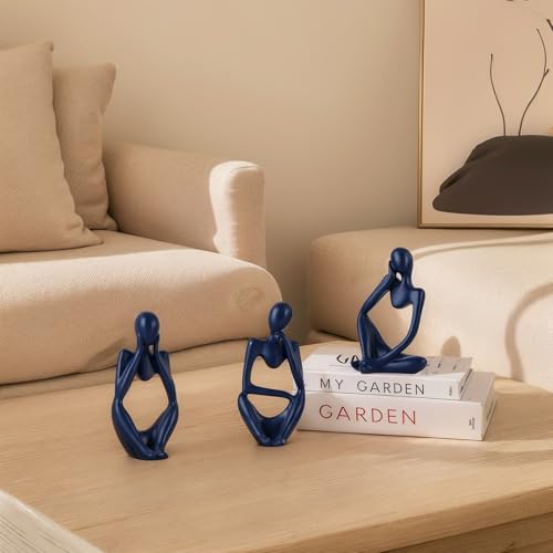 Navy Blue Thinker Statue Set of 3 - Navy Blue Decor for Table, TV Stand, Shelf, Desk - Resin Figurines for Living Room, Minimalist Bookcase Decorative, Modern Sculpture, Home Accents - color: Blue