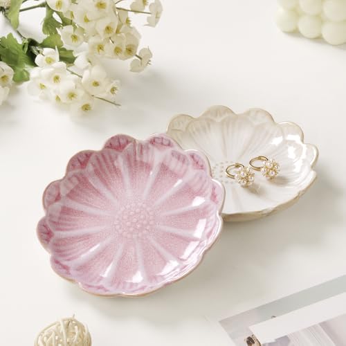 Lotus Ring Holder Dish Small Indoor Ash Tray, Ceramic Dessert Plate Trinket Jewelry Holder Organizing Necklace Earrings for Parents Friends Sister, Pink. All Jewelries Are NOT Included. - color: Pink-Round