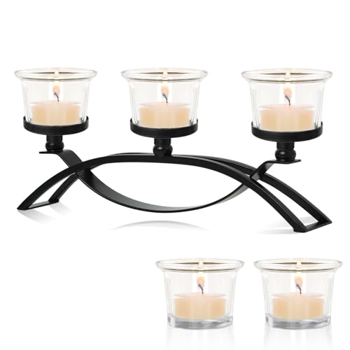 3-Arm Metal Tea Light Candle Holder Set with 5 Glass Cups, Votive Candle Holders Centerpiece Candelabra for Wedding Table Decor, Home Gatherings and Holidays (Black, 5 Cups) - color: Black, size: 5 Cups