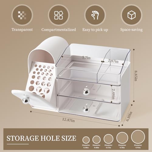 Makeup Organizer with Brush Holder for Vanity, Large Cosmetic Display Cases with 2 Drawers, Skincare Organizer for Bathroom Countertop, White - color: White
