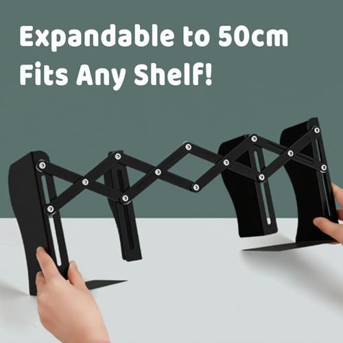 Book Ends for Shelves,Metal Bookends,Book Ends Scalable with Pen Holder(Black)