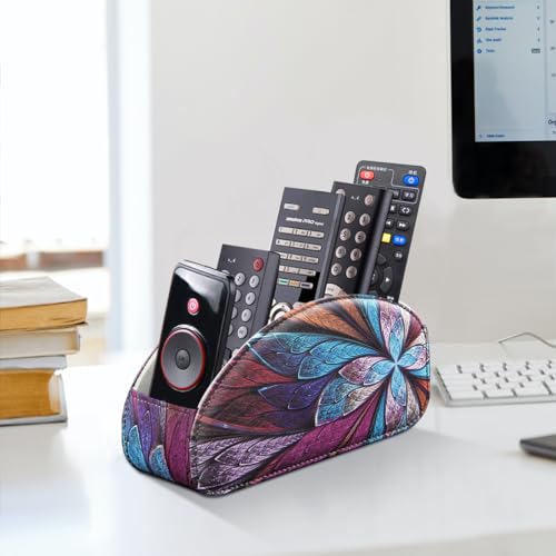 Remote Control Holder PU Leather TV Remote Caddy for Table 5 Compartments Nightstand Organizer for Bedroom Accessories/Bedside Remotes/Media Controllers/Office Supplies Decorations for Living Room - color: Fractal Flower, size: Small
