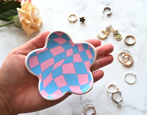 Teen Girls Gifts Trendy Stuff Preppy Room Decor Bedroom Decor Aesthetic Dorm Decor Aesthetic Stuff Checkered Jewelry Tray - style: Blue and Pink Wavy Checkered