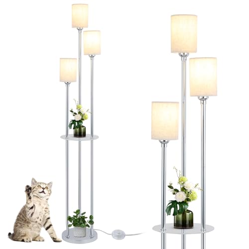 Floor Lamps for Living Room, 3-Lights Modern Floor Lamp with Shelves, Chrome Standing Lamp with Fabric Shade and Foot Switch, Shelf Standing Lamps with Table, Tall Lamps for Bedroom Office - style: Chrome-Fabric Shade