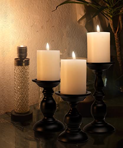 Black Pillar Candle Holders Set of 3, Vintage Candle Holder for Table Centerpiece & Fireplace Decor, Decorative Antique Candle Stand for Dining & Living Room Decoration