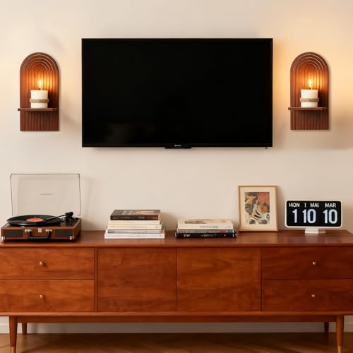Mid Century Modern Candle Sconces: Set of 2 Walnut Boho Wall Candle Holder Decor for Living Room Fireplace - Arch Candle Shelf for Plants Pillars Candles - color: Walnut Color