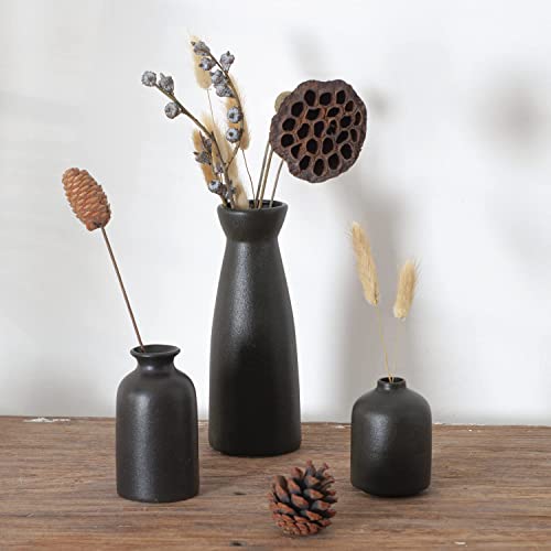 CEMABT Black Ceramic vase Set-3 Small Flower vases for Decor,Modern Boho Farmhouse Home Decor,Decorative vase for Pampas Grass&Dried Flowers,idea Shelf,Table,Bookshelf ，Entryway- Distressed - color: 3set-black