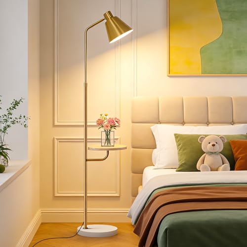 Gold Brushed Floor Lamp with Side Table for Living Room Bedroom, Modern Standing Lamp 12W LED 3-Color Dimmable 3000K/4500K/6500K, Adjustable Gooseneck Reading Light with Wood Shelf for Office Corner - color: Gold Table