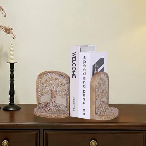 Tree of Life Bookends, Wood Color 2 Non-Skid Heavy Decorative Bookends for Shelves Or Bookcase, Elegant Bookends for Library Office Decor, Home Décor Gift - color: Wood Color