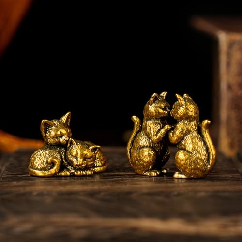 Solid Brass Cat Couple Sculpture Set - Two Style Affectionate Cat Figurines 100% Pure Brass, Handmade Vintage Collectible, Mid-Century Modern Desk Oddity for Home Office & Romantic Gift - Snuggle up - color: Couple Snuggle Up Cat