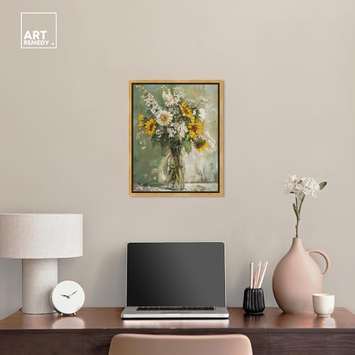 Art Remedy Sunflowers In A Glass Vase Canvas Vintage Farmhouse Wall Art, Gold Frame, 16" x 20" - color: Gold Frame, size: 21"L x 17"W
