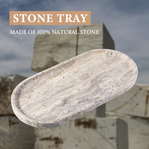 Koville Natural Travertine Tray for Bathroom Countertop, 12"x6" Vanity Decorative Marble Tray for Perfume, Candles, Jewelry, Stone Catchall Trays Jewelry Dish, Silver Stone Trays for Kitchen Counter - color: Travertine Silver, size: 12" x 6" x 0.7"