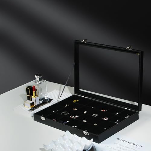 Coward Jewelry Organizer Box, Black Velvet 24 Grids Ring Earring Jewelry Display Tray Case with Transparent Glass Lid for Home Drawer or Shop Selling - color: Black Velvet, size: 24Grids Box
