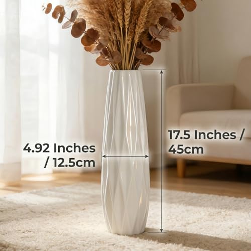 White Ceramic Tall Vase, 17.7" Large Floor Vase for Pampas Grass, Decorative Flower Vases for Modern Home Decor Living Room Office Bedroom Table Centerpieces Shelf Kitchen Wedding Farmhouse Décor - color: Ten Stripes, size: Height-17.7 Inch