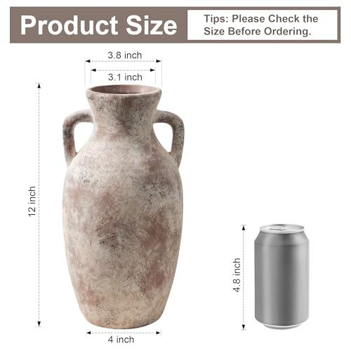 Ceramic Flower Vase with Handles,12" Neutral Tall Clay Terracotta Vases Farmhouse Table Vases with Handle Living Room Decor Rustic Pottery Pots for Home Shelf Coffee Dining Desk Fireplace - color: A-12"h-terracotta