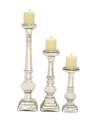 Deco 79 Glass Handmade Decorative Candle Holder Turned Style Pillar Candle Stand, Set of 3 Candlestick Holder 11", 15", 21"H, Silver