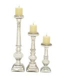 Deco 79 Glass Handmade Decorative Candle Holder Turned Style Pillar Candle Stand, Set of 3 Candlestick Holder 11", 15", 21"H, Silver