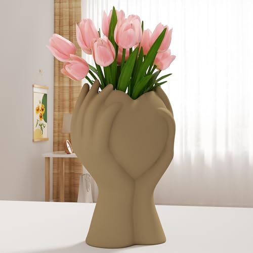 8 Inch Heart Hand White Ceramic Vase - Unique Modern Aesthetic Flowers Vase for Living Room Bedroom Office Kitchen Table Centerpiece or Shelf Decor - Gifts for Wedding Bridal Shower Women Mom (Brown) - color: Brown