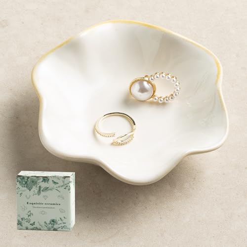 Ceramic Trinket Dish for Jewelry, Lotus Leaf Shape Small Ring Dish Tray, Jewelry Dish Organizer for Necklace Earrings, Home Decor Gift for Mom Best Friend Sister (white) - color: white