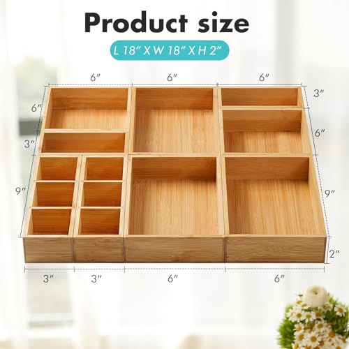 Fabsome Drawer Organizer, Set of 9 Bamboo Wood Kitchen Makeup Desk Junk Tea Drawer Storage Boxes Bins for Cutlery Silverware Utensils Flatware, Small Wooden Container Tray for Bathroom, Office - size: 2''H 9 Boxes