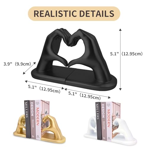 Black Decorative Bookends for Shelves, Heart Hands Book Ends Sculpture Aesthetic Decor for Bedroom Living Room Merch Apartment Bookshelf Birthday Women Decorations Stuff Aesthetic - color: Black