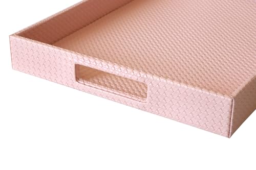 HofferRuffer Rectangle Serving Tray with Hole Handles for Coffee Table, Breakfast, Tea, Food, Butler - Countertop, Kitchen, Vanity Serve Tray, 16.2 x 12.2 x 2 inches, Faux Leather (Pink) - color: Pink, size: 16.2" x 12.2" x 2"