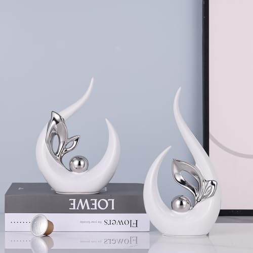 9.4" H White Silver Abstract Sculptures Home Decor, Ceramic Art Statue Cool Stuff to Put on Shelves&tv Stand Decor, Silver Accent Entertainment Center, for Fireplace Coffee Table Dining Table Decorate - color: White Silver, size: 9.4in/H