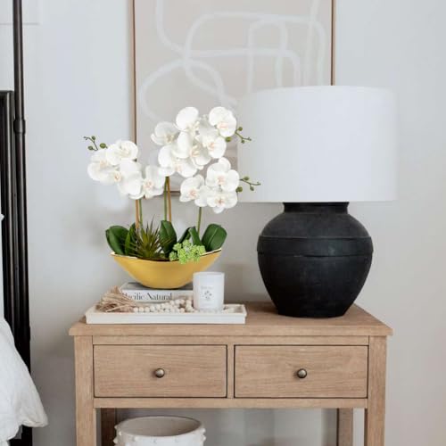 Briful Orchid Artificial Flowers 17in White Fake Orchid Silk Flowers with Gold Ceramic Pot Faux Orchid Arrangement for Home Office Room Coffee Table Centerpiece Modern Decoration - color: White Gold#2