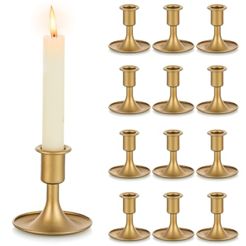 Gold Taper Candle Holder Set of 12, Hewory Short Skinny Brass Candlestick Holders, Vintage Small Low Metal Candles Sticks for Wedding Centerpieces Christmas Birthday Party Holiday Dinning Table Decor - color: Gold-12pcs