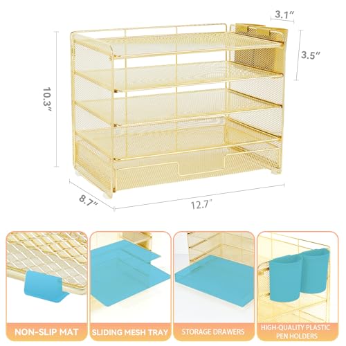 LEKETREE Desk Organizers and Accessories, 5-Tier Paper Letter Tray Organizer with Drawer & 2 Pen Holders, Desktop Organizer for Office Supplies (Gold) - color: Gold, size: 12" x 8" x 10"