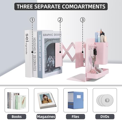 Adjustable Bookends, 19" Metal Book Ends for Heavy Books, 2 Dividers Bookends with Removable Pen Holder, Tray, and 3 Hook-up, Book Organizer for Office, School, Bookstore, Home - color: Pink