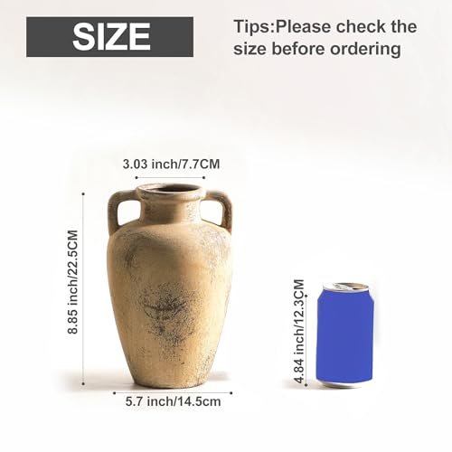 Ceramic Vintage Vases for Flower, 8.85 inch Rustic Vase with Handle, Tall Terracotta Christmas Farmhouse Vase for Home Decor, Living Room Shelf Decor, Enterway, Table, Lyeec - color: 103-8.85 in