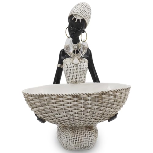 Lescafita Ivory White African Seated Woman Statue - Serene Tribal Figure with Crystal Earrings, Minimalist Resin Home Decor for Shelves/Desks (9" H) - color: 301-white