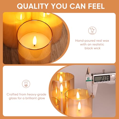 Eywamage Gold Glass Flameless Pillar Candles with Remote, Flickering Christmas LED Candles Battery Operated Set of 3 - color: Gold