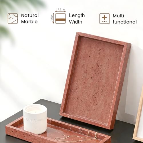 Natural Marble Tray, Stone Tray for Bedroom/Bathroom/Kitchen/Vanity Countertop, Jewelry Tray for Rings Earrings Necklace Bracelet Watch, Room Decor Aesthetic - color: Red Travertine, size: 11.8" x 7.9" x 1.2"