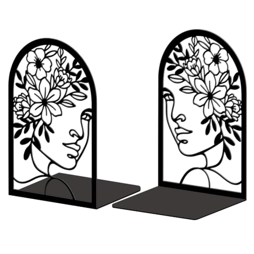 Peacoblue Metal Bookends for Shelves, Modern Decorative Heavy Duty Study Book Ends Stoppers for Office, Desk, Shelf, Room 5.3"x4.3"x7.9" Cast Iron Tall Bookends 1 Pair (Lines Flowers with Faces) - style: Lines Flowers With Faces