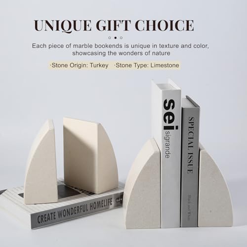 Koville Marble Bookends for Shelves, Large Bookends for Heavy Books, Natural Stone Book Stopper for Books CD Movies, Aesthetic Decorative Book Ends (Sail-Beige) - color: Sail-beige