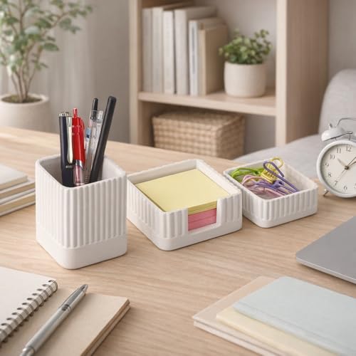 Desk Organizer Set of 3 for Office Accessories - Includes Pen Holder, Paperclip Storage, and Sticky Note Holder - Aesthetic Concrete Desktop Accessories for Women or Men, Office Decor (White) - color: White