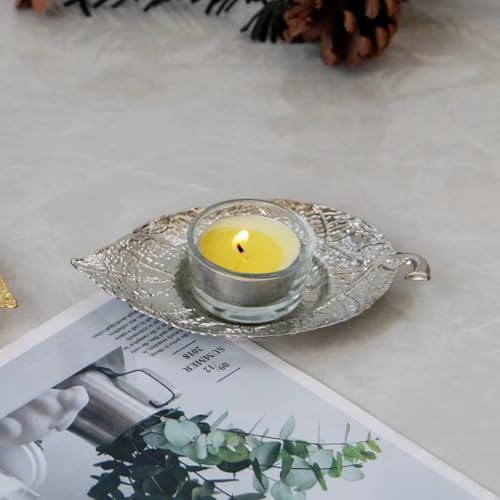 1PC Nordic Natural Wind Leaf Shape Candle Holder Tea Wax Small Round Transparent Container Table Top Decoration Candle Holder (Silvery) - color: Silvery