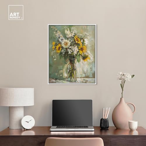 Art Remedy Sunflowers In A Glass Vase Canvas Vintage Farmhouse Wall Art, White Frame, 20" x 24" - color: White Frame, size: 25"L x 21"W