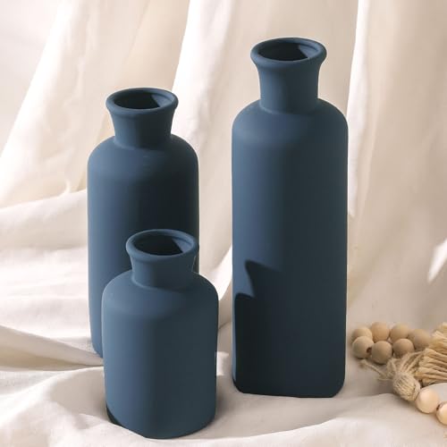 Ceramic Vase Set of 3, Neutral Modern Vases Home Decor Boho Vase Farmhouse Decor Flowers Pampas Vases for Table Mantel Entryway Shelf Living Room Kitchen Bathroom - Navy Blue - color: 007-navy Blue