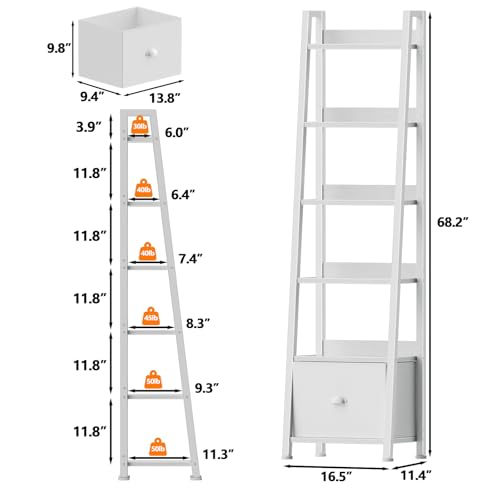 Furologee 6 Tier Ladder Shelf,Ladder Bookshelf with Drawer,Modern Tall Bookcase,Storage Rack Organizer,Wood Metal Freestanding Shelves for Living Room, Home Office, Bedroom, White - color: White, size: 6-Tier, 15" W