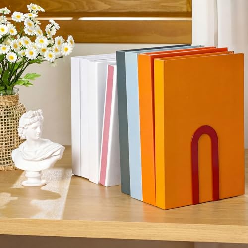 Chunful 12 Pcs Modern Metal Book Ends for Shelves Decorative Small Bookends Book Shelf Organizer Minimalist Design Stopper to Hold Books for Home Office (Red,5.5 * 3.75 * 2.25inch) - color: Red, size: 5.5*3.75*2.25inch