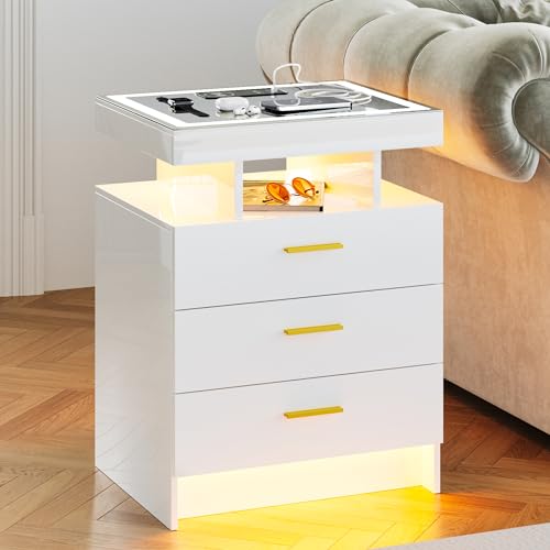 Lvifur LED Nightstand with Wireless Charging Station, Auto Sensor 3 Color Dimmable Night Stand, Modern Bedside Table with 3 Drawers & 3 Open Compartments for Bedroom, White - color: White 3 Drawers-glass Top