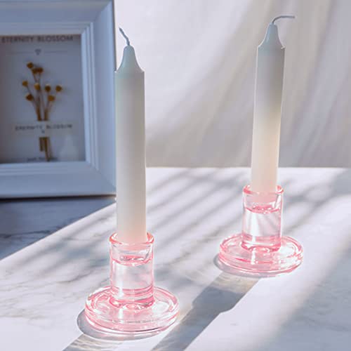 12PCS Pale Pink Taper Candle Holders, Glass Crystal Candlestick Holders Bulk, Clear Candle Holders for Dining Table Centerpiece，More Suitable for Weddings - color: Pink 12pcs