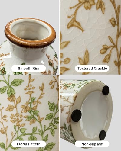 Ceramic Vase Set of 3, Vintage Ceramic Flower Vases, Crackle-Glaze & Distressed Rim, Brown & Green Botanical Pattern, for Home Decor, Living Room Mantel & Dining Table Centerpiece - color: Green & Brown01