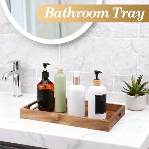 2 Pack Solid Acacia Wood Serving Trays with Handles, Rectangular Wooden Serving Platters, Decorative Servings Trays Set, Portable Ottoman Tray–Great for Lap &Couch, 16"+15"