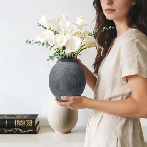 Ceramic Decorative Flower Vase - Rustic Farmhouse Boho Ceramic Vase for Home Decor, Table Centerpiece, Living Room, Bathroom, Book Shelf, Mantel Decoration, Wedding Decor (6.8" Black) - color: Modern Black-6.8"