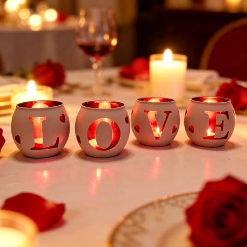 Love Glass Tea Light Candle Holders, Votive Tealight Holder Table, Love Centerpiece Decorations for Wedding Valentines Anniversary Party Decor (Pink-4) - color: Pink-4