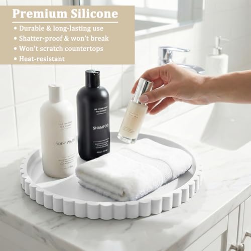 Silicone Bathroom Vanity Tray, Modern Round Decorative Tray for Countertop, Waterproof & Unbreakable Cosmetic Perfume Organizer, Extra-Thick & Sturdy, Easy to Clean Candle Tray (White, 10 inch) - color: White, size: 10"